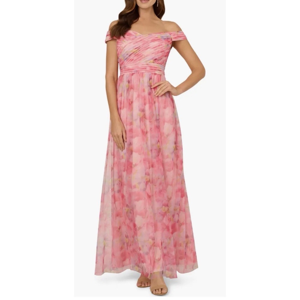 Adrianna Papell Pink Floral One-Shoulder Evening Gown